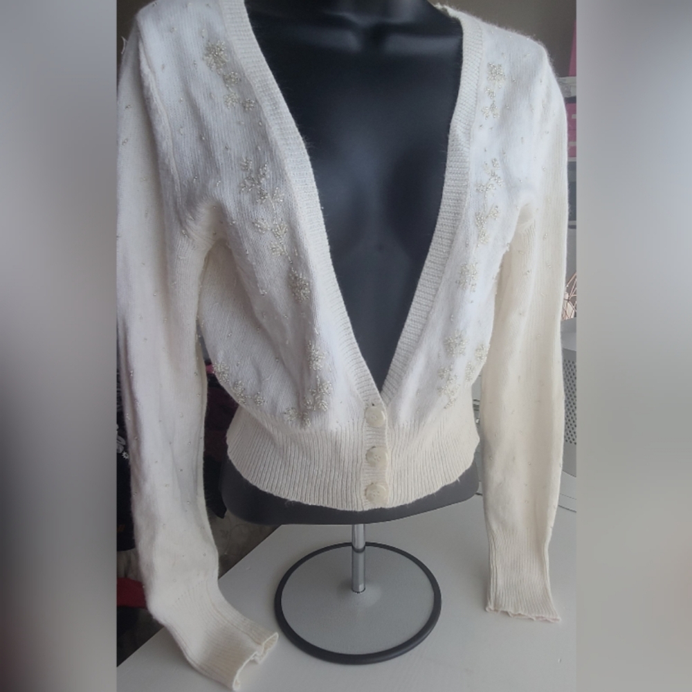 vintage American Eagle cream cropped sparkly beaded cardigan SZ M